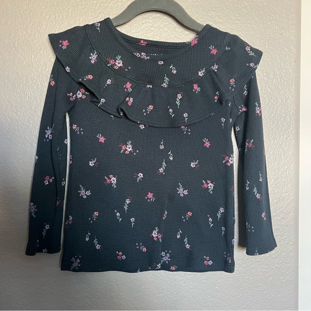 Floral Ruffle Kids Top - Navy Blue